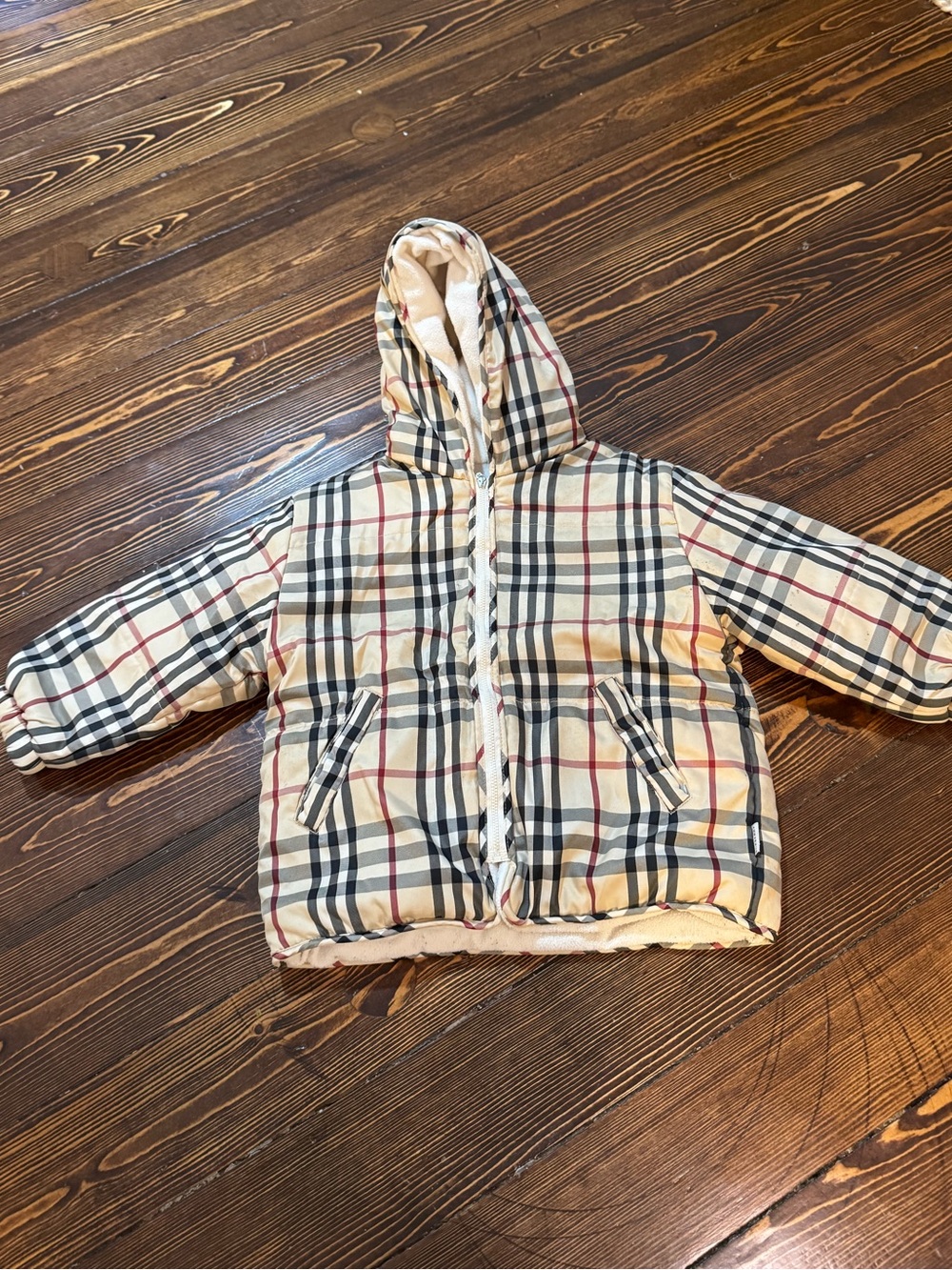 Burberry Kids Hooded Plaid Puffer Jacket - Beige, Black, Red